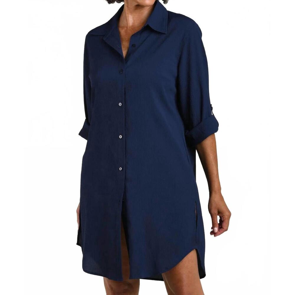 NEW MAXINE OF HOLLYWOOD woven covers button down tunic in indigo